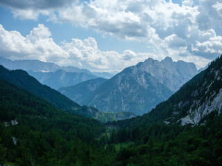summer mountain tops and peaks under blue cloudy sky in Slovenia national Triglav park