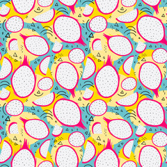 Tropical pitahaya seamless pattern with section dragon fruit on the abstract background. Pitaya vector illustration