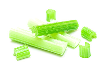 Fresh Chopped Celery Sticks and Slices with Water Drops Isolated on White Background. Vegan and Vegetarian Culture. Raw Food. Healthy Diet with Negative Calorie Content