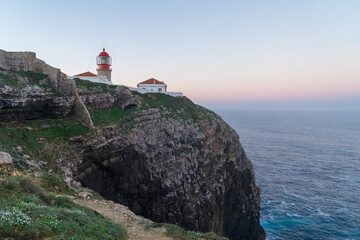 Fototapeta na wymiar Lighthouse of Cabo Sao Vicente, Sagres, Portugal - Farol do Cabo Sao Vicente built in october 1851