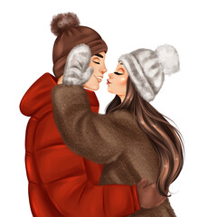 Boy and girl couple portrait. Hand drawn winter illustration