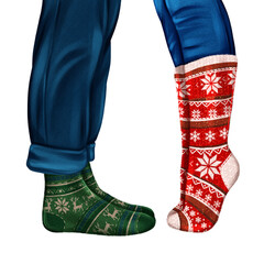 Boy and girl in winter Christmas socks. Hand drawn winter illustration