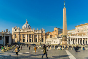 A view of St. Peter's Basilica  and Egyptian obelisk in piazza San Pietro (St. Peter's Square) in Vatican City. Rome, Italy