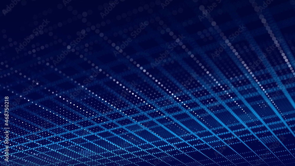Poster grid on dark blue background. abstract technology shape. 3d wireframe landscape. perspective. 3d ren