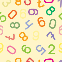 Set of cute funny numbers, ten hand-drawn decorative figurines, seamless pattern. One, two, three, four, five, six, seven, eight, nine and zero for your design.