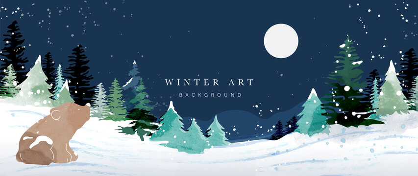 Winter background vector. Hand painted watercolor and gold brush texture, Mountain with snow, pine forest and moon hand drawing. Design for wallpaper, wall arts, cover, wedding and  invite card. 