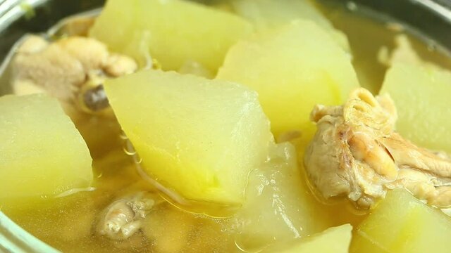 Close up winter melon soup with chicken  , in door Chiangmai  Thailand
