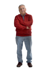 senior man arms clossed on white background
