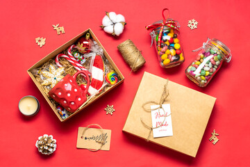 Handmade care package, seasonal gift box with candies, gingerbread, xmas decor Personalized eco friendly basket for family, friends, girl for thanksgiving, Christmas, mothers, fathers day Flat lay