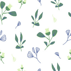 Seamless pattern with simple doodle-style plants.Vector illustration with spring lilies of the valley. For printing on fabric, for the background on the website with children's goods.