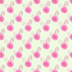 Fototapeta na wymiar Watercolor pattern with pink gerberas on a green background