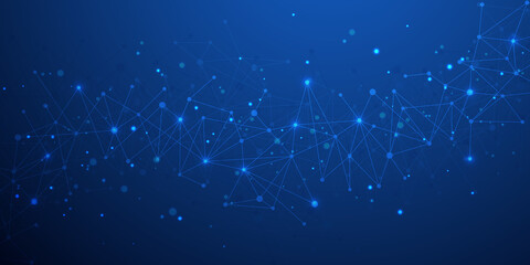 Molecules technology with polygonal shapes on dark blue background.