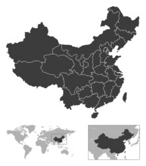 China - detailed country outline and location on world map.