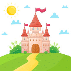 Obraz na płótnie Canvas Cartoon fairy tale castle in a green meadow. Vector illustration in a cartoon style.