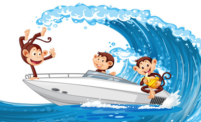 Little monkeys on speed boat on ocean wave