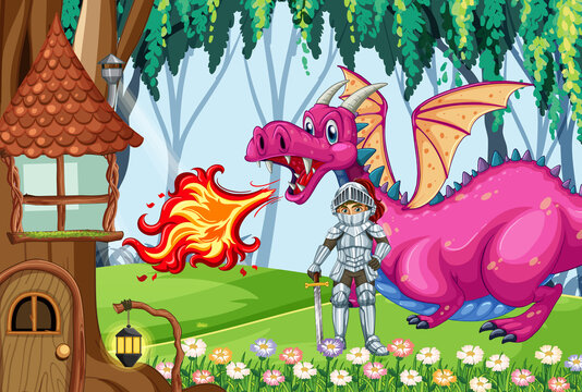 Dragon and knight in enchanted forest