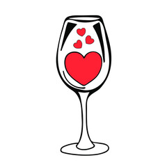 Wine glass with hearts. Happy Valentines day hand-drawn decorations. Vector illustration in doodle style.