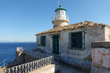 Lighthouse in old Byzantine fortress in Kerkyra, Corfu island in Greece