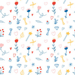 Cute girlish seamless pattern, delicate flowers, symbols, key, heart, magic wand, crystal, leaf. Trending colors, pantone palette