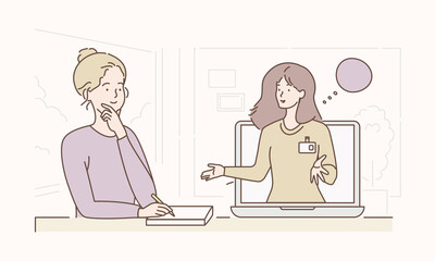 E-learning, online education, online course concept, home school, woman teacher teaching students on laptop computer screen, distance learning, new normal, vector hand drawn illustration