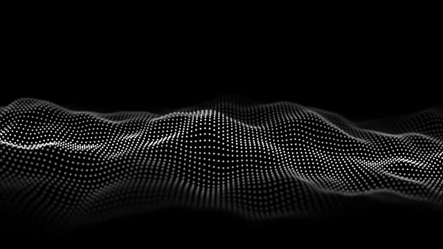 Futuristic digital wave. Dark cyberspace. Abstract wave with dots and line. White moving particles on a black background. 3d rendering.