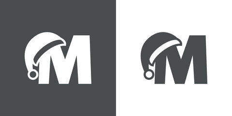 Logotipo con letra inicial M con silueta de sombrero de Papá Noel en fondo gris y fondo blanco, para su uso en invitaciones y tarjetas de felicitación
