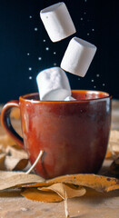 Cup of- coffee marshmallow levitation night black vertical