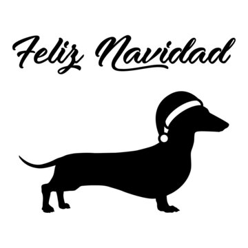 Banner con frase Feliz Navidad en español con silueta de perro de raza dachshund con sombrero de Papá Noel en color negro