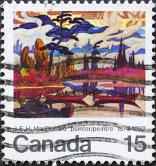 CANADA - CIRCA 1973: A postage stamp from Canada showing a landscape picture of James Edward Hervey MacDonald (1873-1932) Birth Centenary