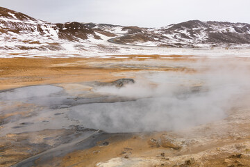 Iceland Hverarönd geothermal spring with steam