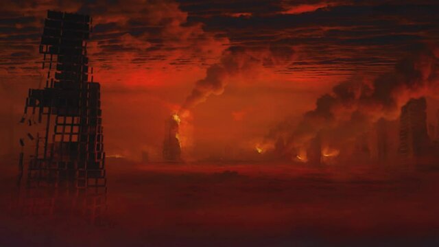 Apocalypse series. Red skies and burning cities, covered by fires, smoke and flying debris. Disaster, nuclear war or asteroid impact landscape. Cinematic, filmic scene.