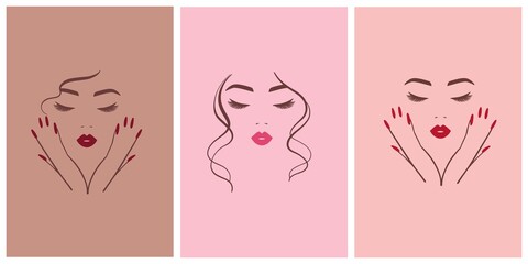 Set of elegant logo for a beauty salon, nail studio. Line woman portrait with hands. Bright lips and manicure