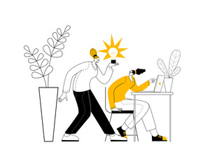 Office workers are discussing a new idea. Vector illustration in outline style on the topic of workplace meetings.