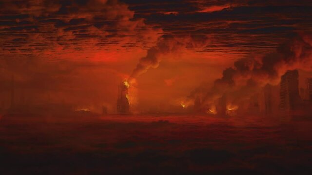Apocalypse series. Red skies and burning cities, covered by fires, smoke and flying debris. Disaster, nuclear war or asteroid impact landscape. Cinematic, filmic scene.