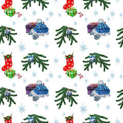 Christmas seamless pattern with bell, sock, snowflakes, warm mittens and a knitted hat. Winter festive decor. Hand-drawn watercolor on a white background for packaging, printing, scrapbooking, wrapper