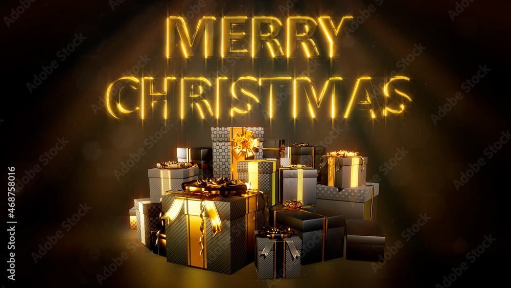 Poster black and golden pile of present boxes with text for new year holiday - abstract 3d rendering