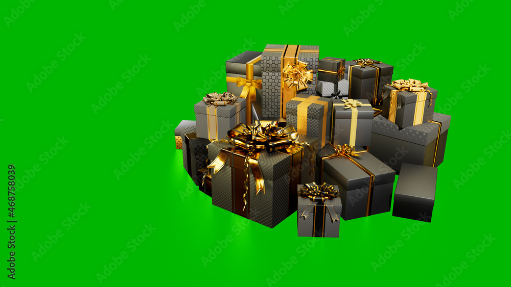 Poster black gift box pile with reflection on green screen, isolated - object 3d rendering