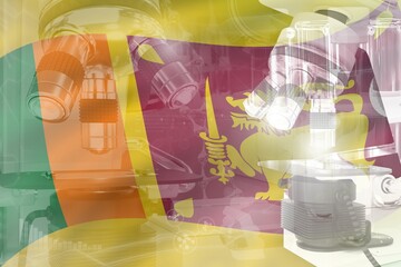 Microscope on Sri Lanka flag - science development conceptual background. Research in physics or clinical medicine, 3D illustration of object