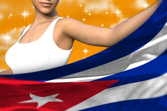 cute lady holds Cuba flag in front on the orange colorful clouds - flag concept 3d illustration