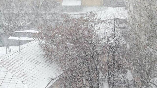 Close-up of heavy snowfall in the city. Snow falling on the street in Moscow, Russia