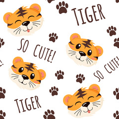 Seamless pattern with happy Chines tiger, asian new year, wild animal in a flat style isolated on a white background. . Vector illustration