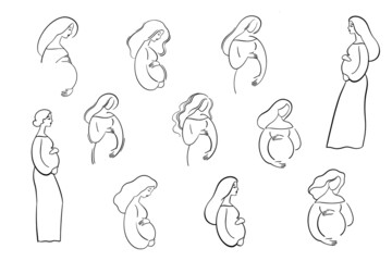 Hand drawn set of beautiful pregnant women. Elegant woman touching her pregnant belly. 