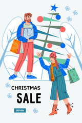 Christmas and new year sale web or social media banner, flyer or poster template. Xmas holiday banner for social media and web with people buy gifts and presents, flat vector illustration.