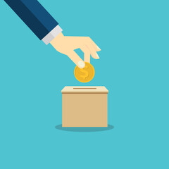Donate, donation concept. Human hand with gold coin and donation box.	