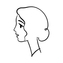 Woman portrait, romantic profile portrait, girl with hair bun. Hand drawn style. Simple logo for beauty products