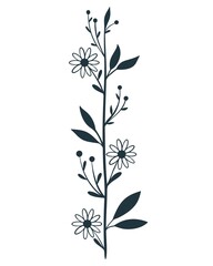 Isolated twig with leaves and flowers doodle style. Floral botanical branch, decoration for cards and design. Natural decorative element, vector illustration.