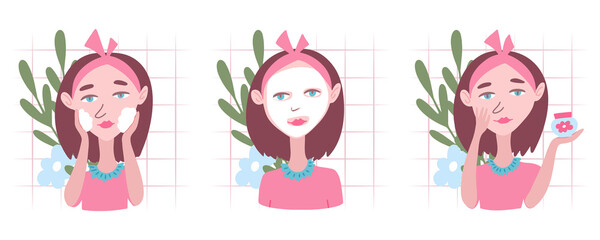 Set of female hand drawn characters for face skin care sheet mask instructions. A collection of beauty concepts - a woman washes her face, applies a mask and cream. Vector illustration