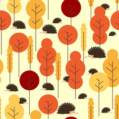 Hedgehog in autumn forest pattern seamless. Autumn background. vector texture. Baby fabric ornament