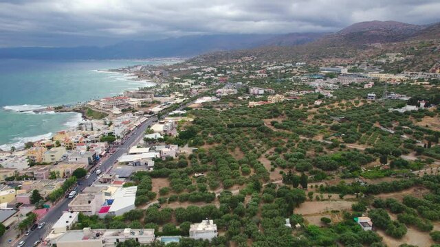 Aerial view. Crete island in Greece is a very tourist destination. Hersonissos town on the Mediterranean coast.