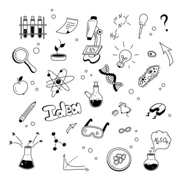 A set of doodle elements of Science. Chemistry and biology. Vector graphics.